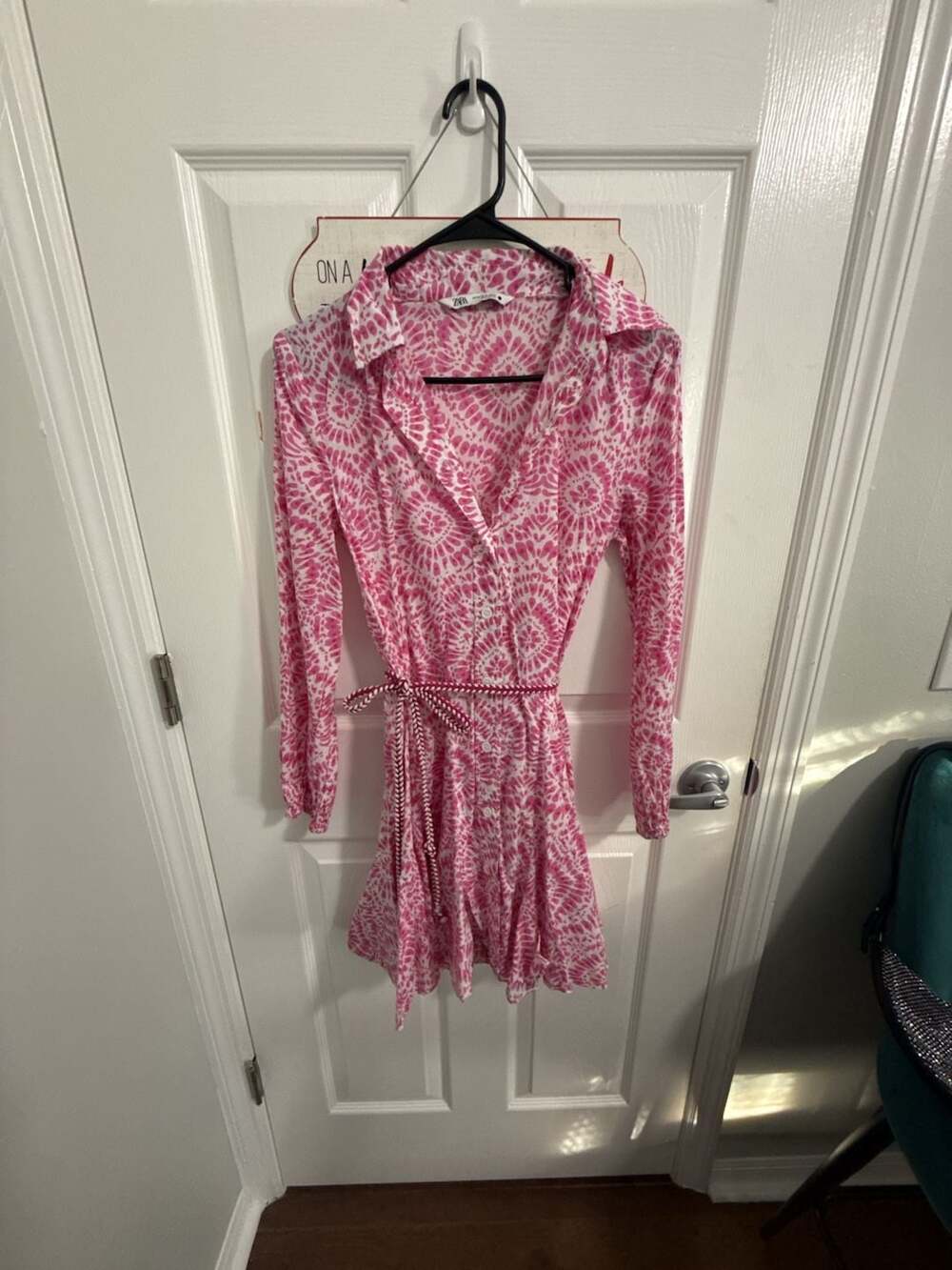 Zara Printed Mini Dress Size XS Pink Tie Dye Long Sleeve